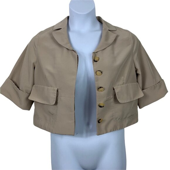 Red Valentino Size 8 US Crop Jacket Shrug 1/2 Sleeve Khaki Beige Button Up 42 - Picture 3 of 7